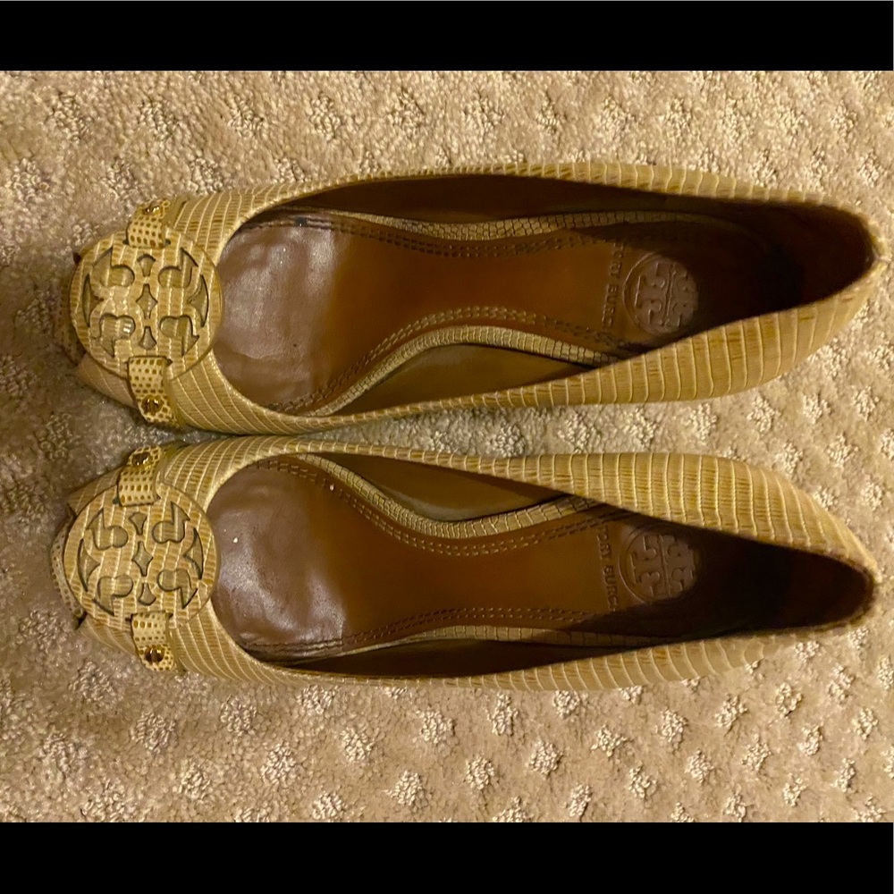 Tory Burch tan “snakeskin” wedge
